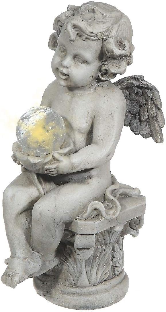 印度手工艺品 合成树脂花园雕像(cherub 手持太阳能 led 球)雕塑,多色